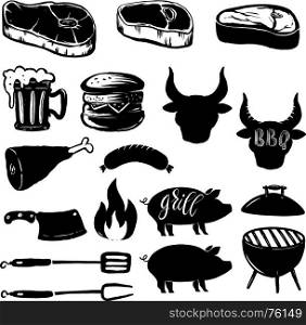 Set of grill design elements. Steak, grill, burger, beer mug, meat. Design element for logo, label,emblem, sign. Vector illustration