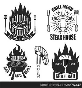 Set of grill, steak house emblems. Grilled meat. Design elements for logo, label, emblem, sign. Vector illustration
