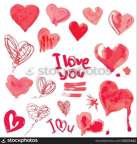 Set of grunge aquarelle hearts and words I LOVE YOU - Elements for Valentines Day design.