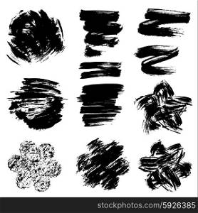 Set of grunge black color figures - circles, hearts, lines, flowers. Isolated on white background.