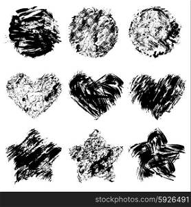 Set of grunge black color figures - circles, hearts, stars. Isolated on white background.