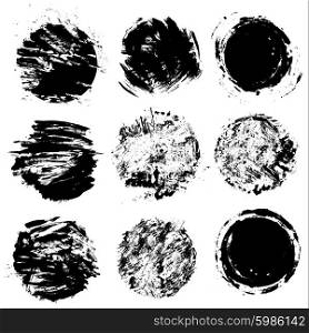 Set of grunge black color figures - circles, round frames. Isolated on white background.