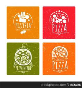 Set of grunge cafe pizzeria labels or badges. Banners with vector doodle pizza elements. Vector illustration. Set of cafe pizzeria labels or badges. Banners with vector pizza