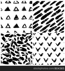 Set of grunge texture seamless pattern. Triangle shapes, check mark, stripes and abstract artistic brush wallpaper. Vector illustration. Set of grunge texture seamless pattern. Triangle shapes, check mark,