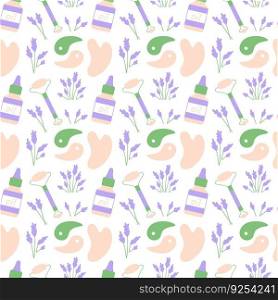 Set of Gua Sha massage tools seamless pattern. Scraper, face oil, double sided massage roller, eye patches, lavender. Home beauty salon. Vector flat cartoon illustration isolated on white background.