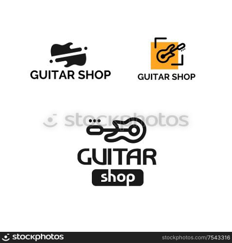 Set of guitar shop abstract logos, emblems, badges. Isolated on white background. Vector illustration.
