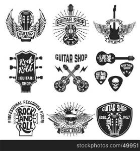 Set of guitar store emblems. Design elements for logo, label, emblem, sign, badge, poster. Vector illustration