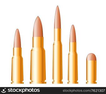 Set of gun bullets and ammunition isolated on white background