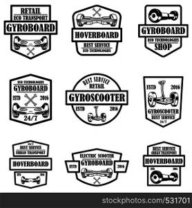 Set of gyro scooter emblems. Design elements for logo, label, sign, poster, card. Vector illustration