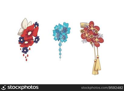 Set of hair accessory. Flower hairpins and hair-clip for geisha. Vector illustration Isolated on White Background. Set of hair accessory. Flower hairpins, hair-clip for geisha