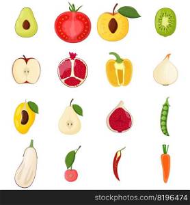 Set of half fruits and ve≥tab≤s. Ve≥tarian food, hea<hy eating concept. Avocado, peach, fig, cherry, kiwi, pear, pepper tomatoes Flat vector illustration. Set of half fruits and ve≥tab≤s. Ve≥tarian food, hea<hy eating concept. Avocado, peach, fig, cherry, kiwi, pear, pepper, tomatoes. Flat vector illustration