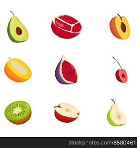 Set of half fruits. Vegetarian food, healthy eating concept. Avocado, pomegranate, peach, mango, fig, cherry kiwi apple pear Flat vector illustration. Set of half fruits. Vegetarian food, healthy eating concept. Avocado, pomegranate, peach, mango, fig, cherry, kiwi, apple, pear. Flat vector illustration
