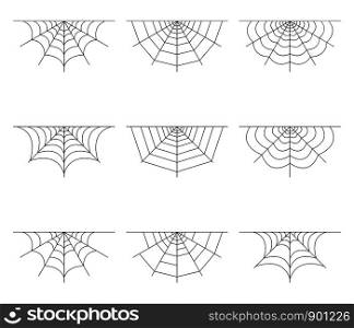 Set of half spider web isolated on white background. Halloween spiderweb elements. Collection cobweb line style. Vector illustration for any design.