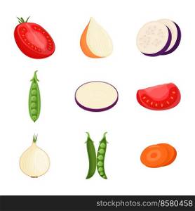 Set of half vegetables. Vegetarian food, healthy eating concept. Tomato, pea, eggplant, onion carrot vector illustration. Set of half vegetables. Vegetarian food, healthy eating concept. Tomato, pea, eggplant, onion, carrot. Flat vector illustration