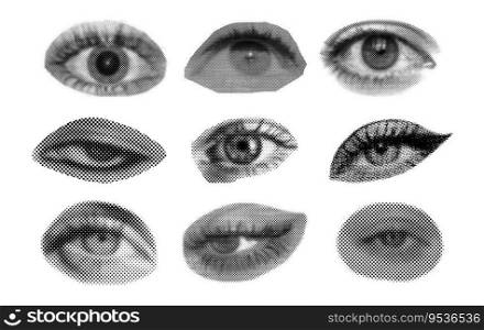 Set of halftone diferent female eyes. Dots texture. Contemporary style. Vector illustration