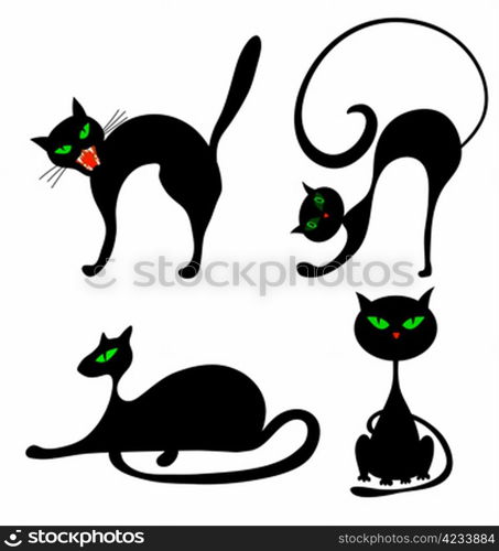Set of halloween black cat with green eyes. Vector illustration.