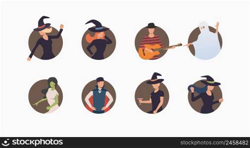 Set of Halloween characters. Flat cartoon characters in brown rounds. Vector illustration for presentation, poster, website