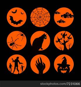 Set of Halloween characters on orange circles. Silhouettes style. Vector illustration. Black Cat, bat, spider and web, pumpkin, cloud.