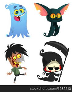 Set of Halloween characters. Vector cartoon zombie, bat, death grim reaper, ghost. Great for party decoration