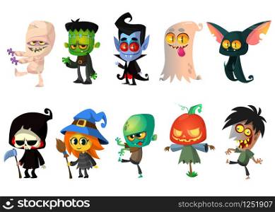 Set of Halloween characters. Vector mummy, zombie, vampire, ghost, bat, death, witch, pumpkin head. Great for party decoration