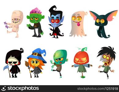 Set of Halloween characters. Vector mummy, zombie, vampire, ghost, bat, death, witch, pumpkin head. Great for party decoration
