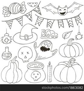 Set of Halloween design elements in hand draw style. Witch accessories, pumpkins, flags. Halloween icons, Coloring style. Sign, sticker, pin. Collection of vector illustrations for Halloween design. Sign, sticker, pin