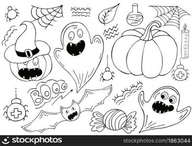 Set of Halloween design elements in hand draw style. Witch supplies, pumpkins, candy. Coloring icons, cartoon style. Sign, sticker. Collection of vector illustrations for Halloween design. Sign, sticker, pin