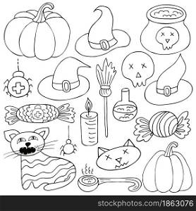 Set of Halloween design elements in hand draw style. Witch supplies, pumpkins, candy. Halloween icons, cartoon style. Sign, Coloring, pin. Collection of vector illustrations for Halloween design. Sign, sticker, pin