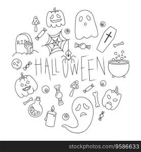 Set of halloween doodle. Pumpkins, ghost, wizard, spooky night, grave, spiderweb, treats. Simple vector illustration.