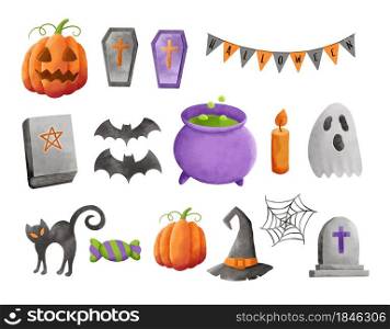 Set of halloween element decoration in watercolor style.