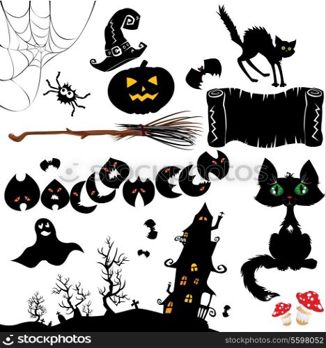 Set of Halloween elements - pumpkin, bats, ghost, cat, mystery house and other terrifying things