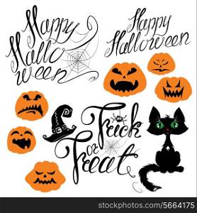 Set of Halloween elements - pumpkin, cat, spider and other terrifying things. Handwritten calligraphic text - Happy Halloween, Trick or Treat.