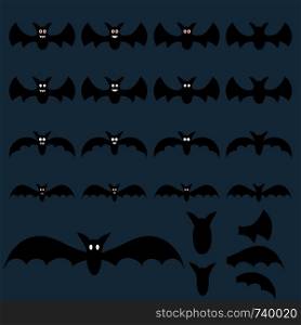 Set of Halloween Flying Bats for your Design, Game, Card. Big Collection of Bat Silhouettes. Decoration Elements. Vector Illustration.