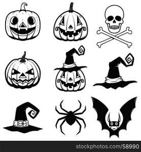 Set of halloween icons. halloween pumpkin, bats, spider, witch hat, skull with bones Design elements for poster, greeting cards. Vector illustration