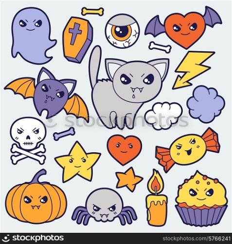 Set of halloween kawaii cute doodles and objects.