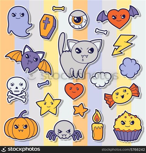 Set of halloween kawaii cute sticker doodles and objects.