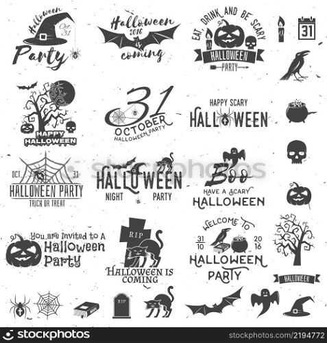Set of Halloween party concept and design elements. Halloween party retro templates, badges, seals, patches. Concept for shirt or logo, print, stamp. Typography design- stock vector.. Set of Halloween party concept and design elements.