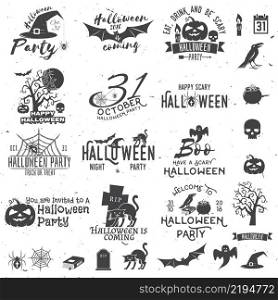 Set of Halloween party concept and design elements. Halloween party retro templates, badges, seals, patches. Concept for shirt or logo, print, stamp. Typography design- stock vector.. Set of Halloween party concept and design elements.