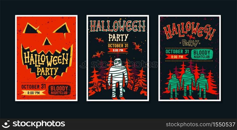 Set of Halloween party invatation posters. Cool posters with handwritten calligraphy, funny monsters and place for information. Grunge style vector illustration