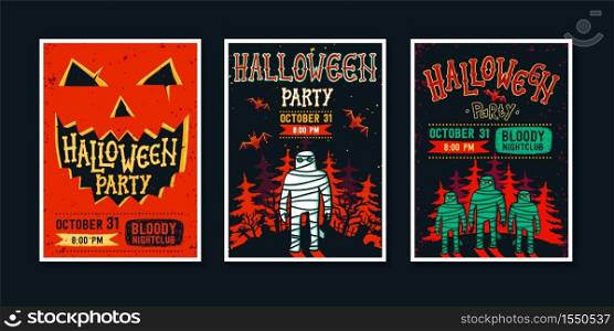 Set of Halloween party invatation posters. Cool posters with handwritten calligraphy, funny monsters and place for information. Grunge style vector illustration