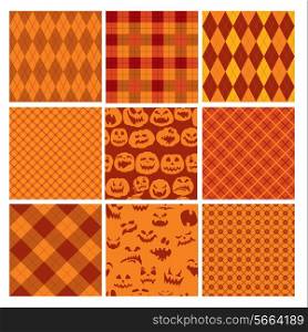 Set of Halloween plaid seamless patterns in orange and brown colors