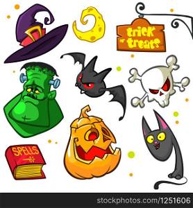 Set of Halloween pumpkin and attributes icons. Witch cat, pumpkin, skull, witch hat, frankenstein, book of spells, trick or treats sign and bat