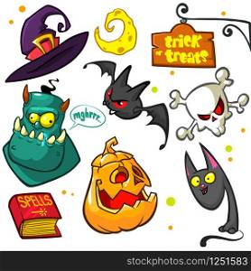 Set of Halloween pumpkin and attributes. Witch cat, witch hat, moon,monster, pumpkin head,book of spells, skull and bat