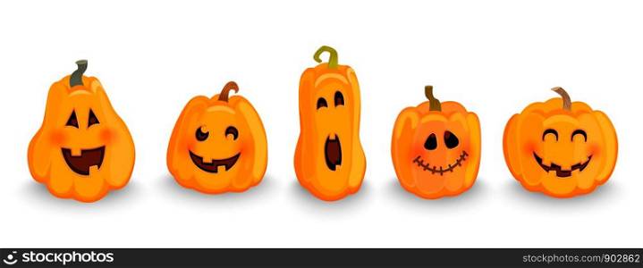 Set of halloween pumpkins characters, funny faces with smile. Symbol of happy holiday. Carving vegetable for decoration. Design for autumn october party. Vector illustration.. Set of halloween pumpkins characters.