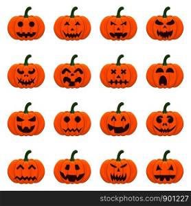 Set of Halloween pumpkins isolated on white background. Cartoon orange pumpkin with different smile, funny faces. The main symbol of the Halloween. Autumn holidays. Vector illustration for any design.