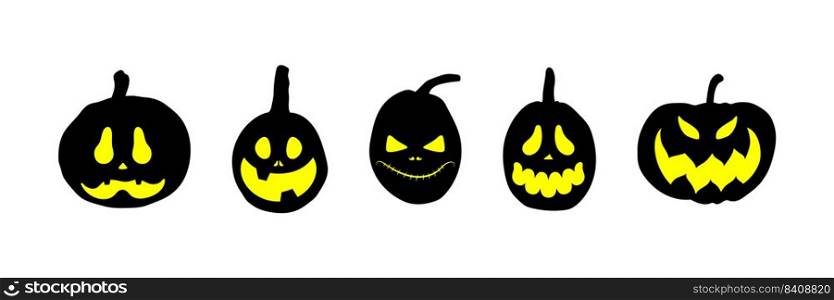 Set of Halloween pumpkins with scary glowing faces. Vector flat style illustration for design poster, banner, print.. Set of Halloween pumpkins with scary glowing faces. Vector flat style illustration for design poster, banner, print