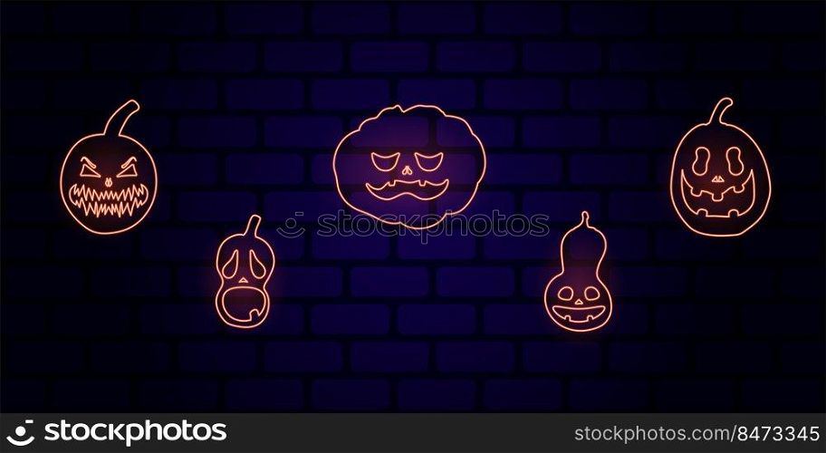 Set of Halloween pumpkins with scary glowing faces. Vector flat style illustration for design poster, banner, print