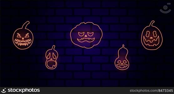 Set of Halloween pumpkins with scary glowing faces. Vector flat style illustration for design poster, banner, print
