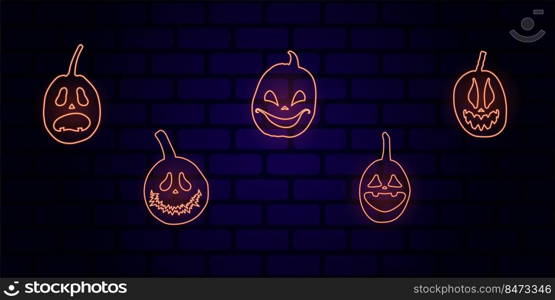 Set of Halloween pumpkins with scary glowing faces. Vector flat style illustration for design poster, banner, print