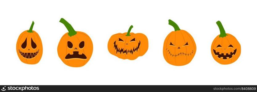 Set of Halloween pumpkins with scary smiling faces. Vector flat style illustration for design poster, banner, print.. Set of Halloween pumpkins with scary smiling faces. Vector flat style illustration for design poster, banner, print